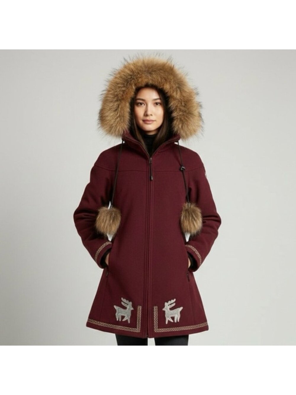 Koko & Gaston Burgundy Wool Blend Fur Trim Parka - Small 🇨🇦